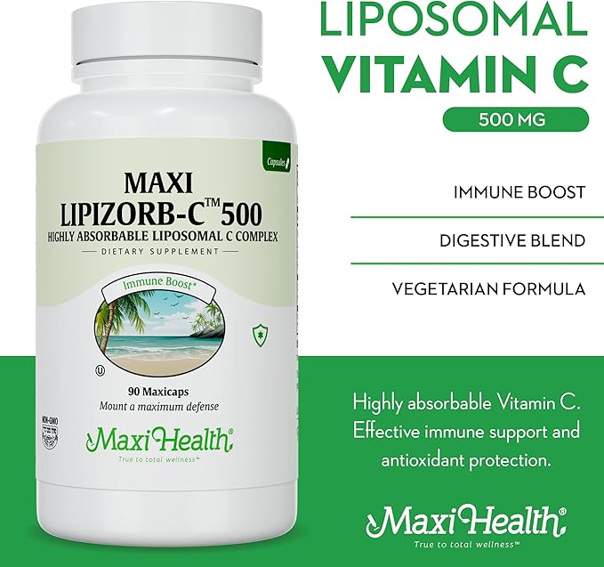 Maxi Health Liposomal Vitamin C 500mg Capsules with Digestive Blend Highly Absorbable High Dose VitaminC Non GMO Kosher Vegetarian Doctor-Formulated Immune Support Supplement (90 Count)
