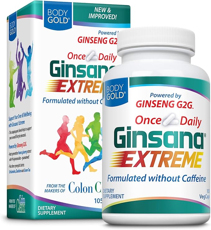 Body Gold Ginsana Energy | Panax Ginseng Extract w/Energizing Herbal Blend for Focus &amp Endurance | Schizandra Berry Eleuthero Root and Decaffeinated Green Tea Leaf Extract | 52 Serv | 105 VegCap