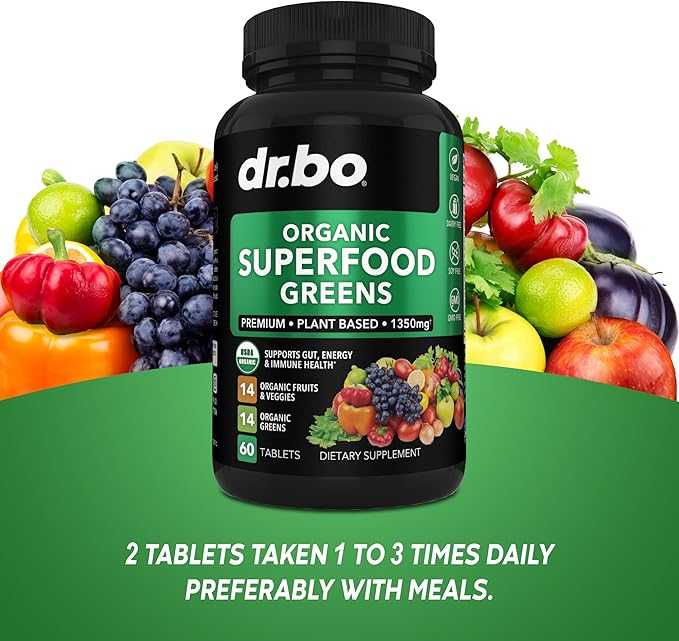 Adrenal Support &amp Organic Superfood Greens &amp Fruit Supplements - Daily Energy Super Food Fruits and Veggies Supplement Tablets Plus Vegetable Foods