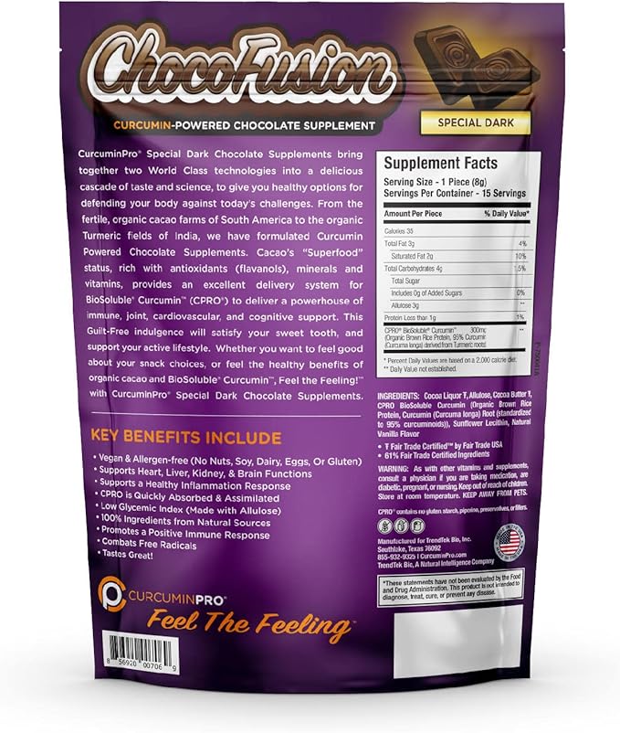 curcuminpro ChocoFusion Special Dark 2 Pack | The World's Only BioSoluble Curcumin | Made from Organic Turmeric | Vegan Allergen Free Sugar Free Keto Friendly Organic Non-GMO Chocolates