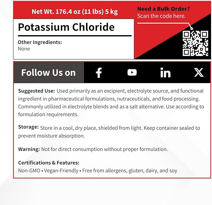 Potassium Chloride 5000 Grams - Food Grade USP Granular KCL - Tablet Capsule Supplement Excipient - Electrolyte Mineral Vitamin Ingredient - Salt Substitute for Low Sodium Seasoning - 5 kg (11 lb)