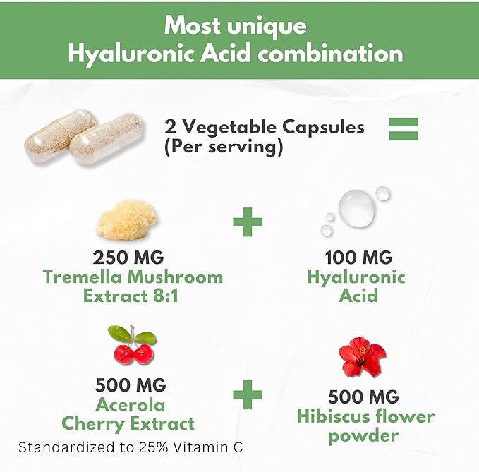 Natural Hyaluronic Acid Supplement 5X Stronger Hydration Pills from Pure Tremella Mushroom with Vitamin C &amp Hibiscus - Skin Supplement Anti Wrinkle Dietary Capsules - hair nails vitamins