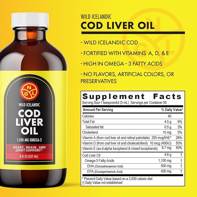 NGL Pure Cod Liver Oil - Wild Icelandic - 1100 mg Omega-3 + Natural Vitamin A &amp D - Heart and Brain Health Joint Support 8 Fl Oz