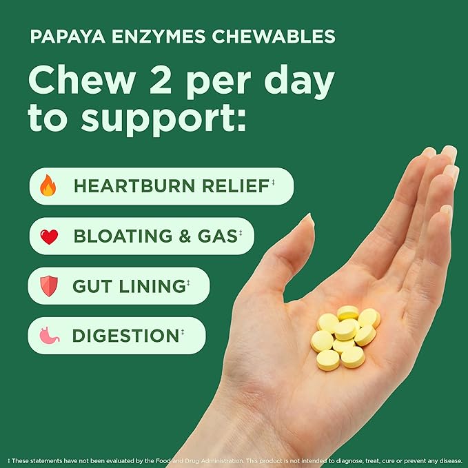 Yuve Naturals Chewable Papaya Enzymes - Sugar-Free Plant-Based Digestive Enzyme Complex for Gas Bloating &amp Post-Meal Comfort - Vegan Non-GMO Gluten-Free - 90ct
