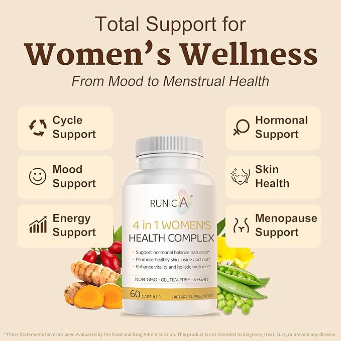 4-in-1 Women’s Hormonal Balance Complex Supplement | Rosehip Pueraria &amp Evening Primrose with Soy Isoflavones | Menstrual Cycle Menopause Energy Level &amp Healthy Skin Support
