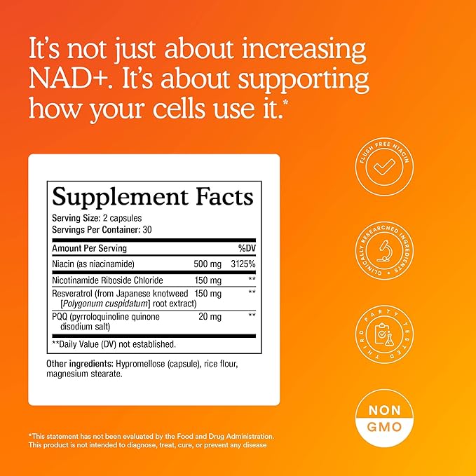 MitoQ NAD+ Dual Action Supplement | Niacin (Niacinamide) Nicotinamide Riboside (NR) Resveratrol &amp PQQ | Support Energy Focus &amp Healthy Aging | 60 Capsules