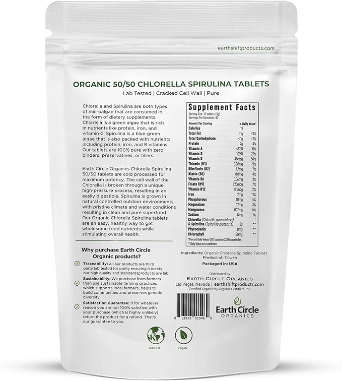 Premium Organic Chlorella / Spirulina Tablets 1000 Count (50/50) | Vegan Kosher Green Algae Superfood | Cracked Cell Wall for Maximum Absorption | High in Protein Iron Chlorophyll - Pack of 2