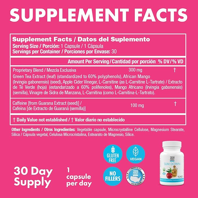 Yes You Can! Slim Down Dietary Supplements - with African Mango L-Carnitine Apple Cider Vinegar Green Tea Extract and Caffeine derived from Guarana Seed Extract 30 Capsules/1 Month Supply