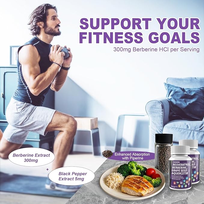 Resveratrol &amp Berberine Complex 120 Capsules - Antioxidant Support with Grape Seed Quercetin &amp NAC Promotes Healthy Cellular Function &amp Metabolism
