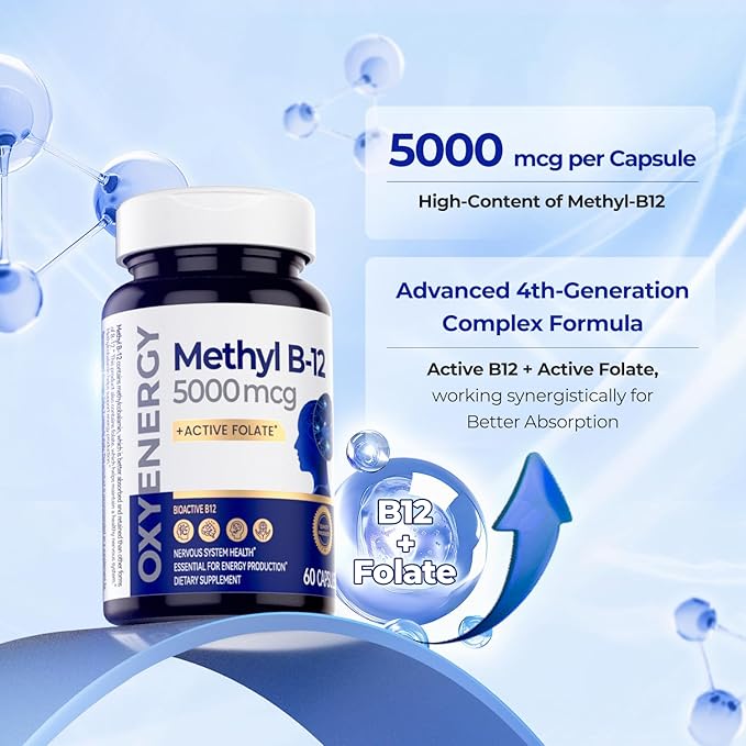 OxyEnergy Methyl Vitamin B12 5000mcg Extra Strength Methylcobalamin B-12 Supplements with Folate Support Nerves Energy Metabolism &amp Cognitive60 Capsules