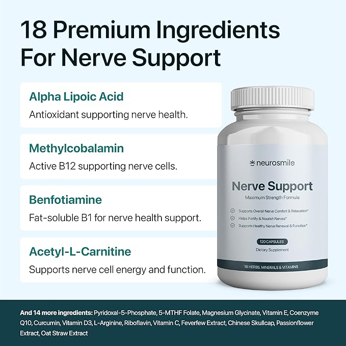 Nerve Support Supplement | Support Healthy Sensation | Alpha Lipoic Acid 600 mg Methylcobalamin &amp L-Carnitine | 18 Nutrients | 120 Capsules (30 Day Supply)