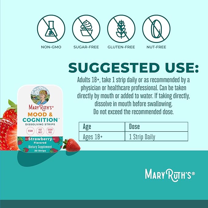 Mood &amp Cognition Dissolving Strips by MaryRuth's | Vitamin B12 | Vitamin B6 | Saffron | Folate | B Vitamins | Sugar Free | Strawberry Flavor | Vegan | Gluten Free | Dairy Free | 30 Count