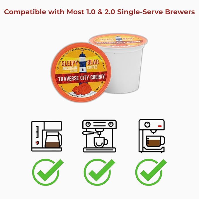 Sleepy Bear Coffee Pods Medium Roast Arabica Rich Flavor Michigan-Made Smooth &amp Sweet No Sugar Added 30ct Pods Compatible with Single-Serve Brewers (Traverse City Cherry Coffee)