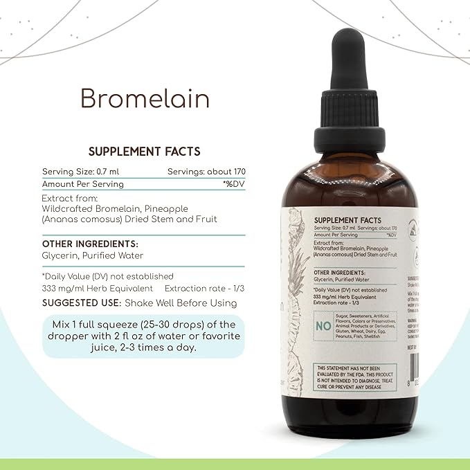 HerbEra Bromelain B120 Alcohol-Free Herbal Extract Tincture Super-Concentrated Wildcrafted Bromelain Pineapple (Ananas comosus) (4 fl oz)