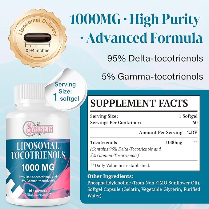 Liposomal Tocotrienols 1000mg – High Absorption Vitamin E Tocotrienols Supplement with 95% Delta &amp 5% Gamma – 60 Softgels