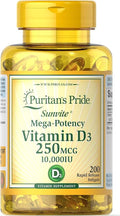 Puritan's Pride Vitamin D3 250 mcg (10000 IU) Softgels 200 Count