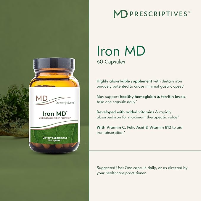 MD Prescriptives Iron MD Capsules - Daily Iron Supplement for Women &amp Men with Vitamin C Vitamin B12 &amp Folic Acid - Optimal Absorption Formula - 60 Veg Capsules