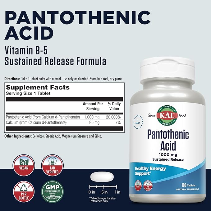 KAL Pantothenic Acid 1000mg Supplement for Men &amp Women - Vitamin B5 1000 mg Supports Cellular Energy Metabolism Nerve Function Sustained Release Vegan - 100 Tablets