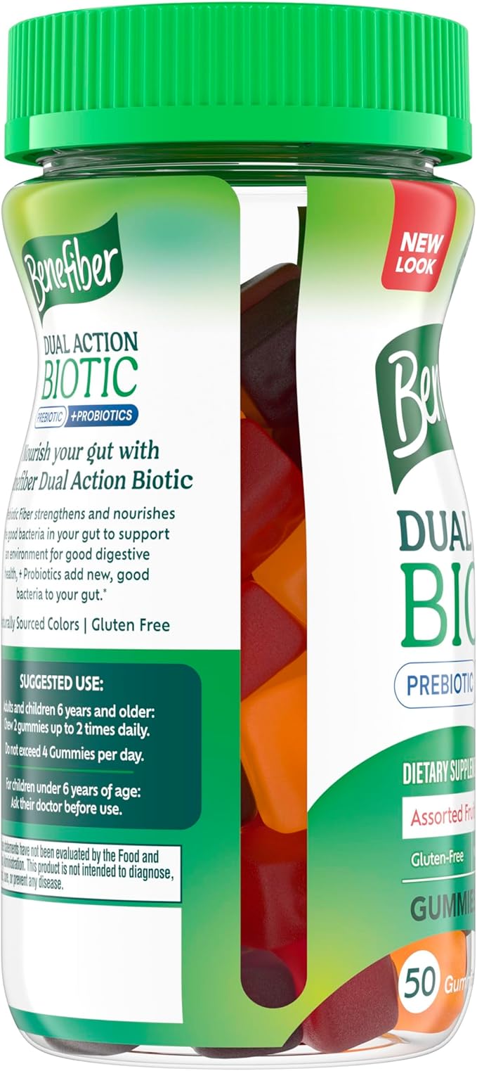 Benefiber Prebiotic GLP-1 Friendly Fiber Supplement Gummies with Probiotics for Digestive Health Assorted Fruit Flavors - 50 Count