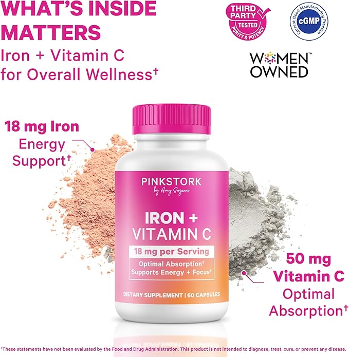 Pink Stork Iron for Women 18 mg Non-Constipating Iron Bisglycinate + Vitamin C for Optimal Absorption Energy Focus &amp Oxygen Support PMS Pregnancy Postpartum &amp Perimenopause 60 Capsules