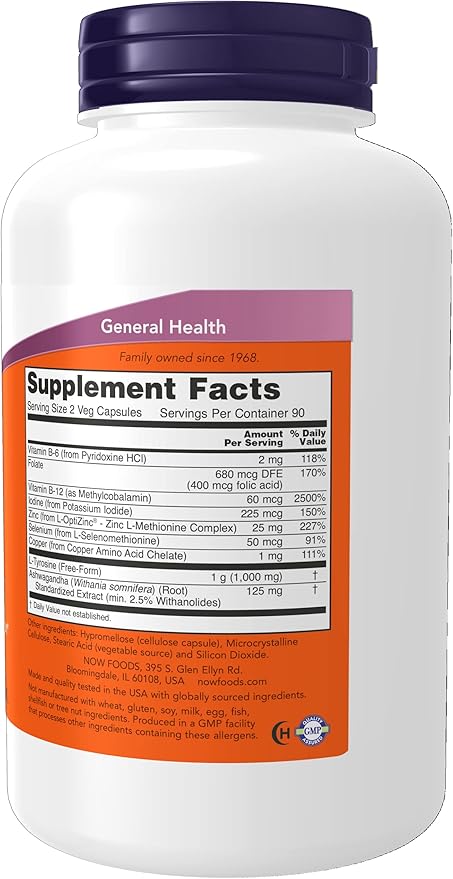 NOW Foods Supplements Thyroid Energy™ Iodine and Tyrosine Plus Selenium Zinc and Copper 180 Veg Capsules (Pack of 2)