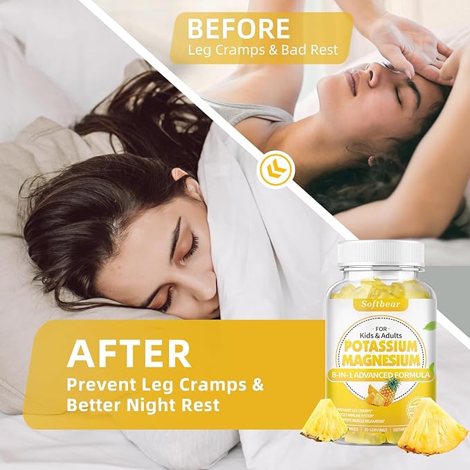 softbear Potassium Gummies for Adults Sugar-Free Potassium Magnesium Supplement with Vitamin B6 CoQ10 for Muscle Cramps Vegan Pineapple Flavor 120 Gummies