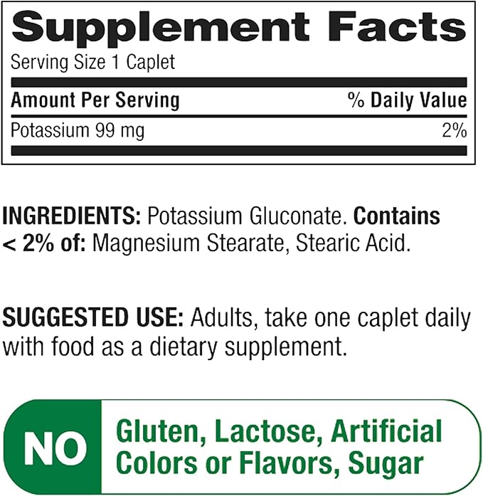 Potassium Supplement | Potassium | 500 Count Value Size | 99 mg is Formulated to Promote a Healthy Heart | Maintenance PH Balance Muscle and Nerve Cell Function | Potassium Gluconate