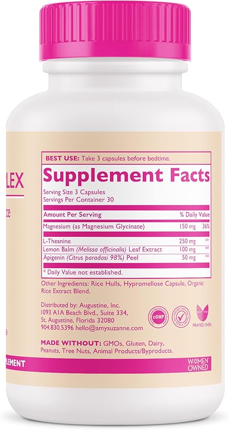Amy Suzanne Magnesium Sleep Complex with L-Theanine and Lemon Balm - Melatonin-Free Sleep Support for Natural Calm and Relaxation - Magnesium Glycinate - 90 Capsules