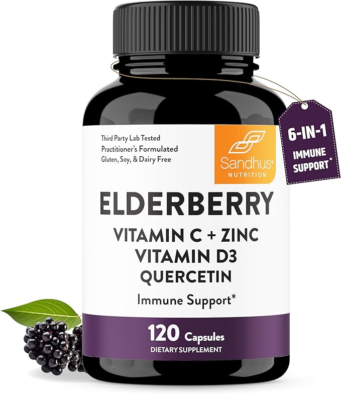 Sandhu's Elderberry &amp Vitamin D3 K2 with Quercetin Capsules (120 Count Each) | Supports Immune Muscle Health &amp Energy