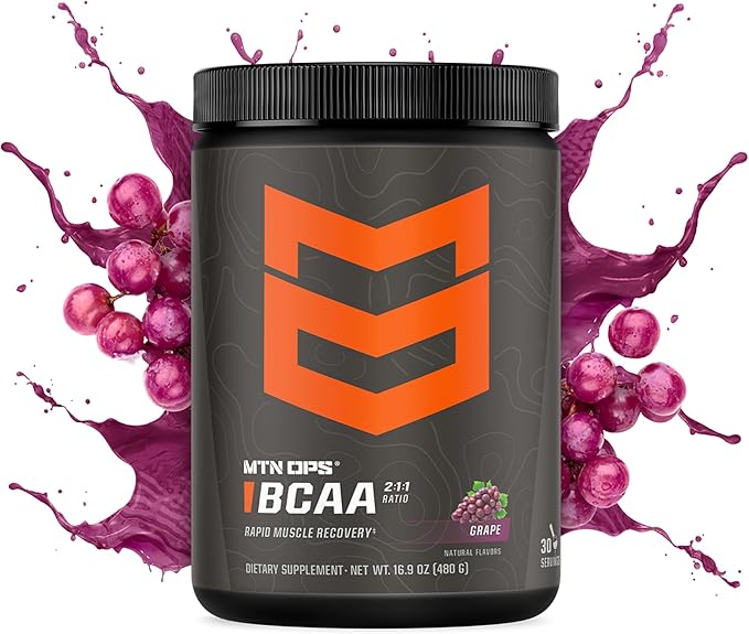 MTN OPS BCAA Powder 2:1:1 Amino Acids Supplement Powder for Rapid Muscle Recovery &amp Repair with Zero Sugar &amp Gluten Free - 30 Servings Grape