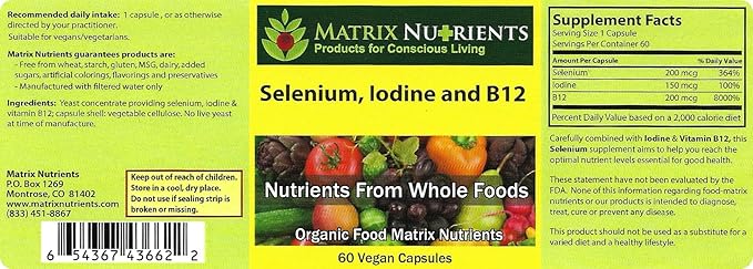 Selenium Iodine and B12 - Thyroid Metabolism &amp Immune Health Complex – High‑Absorption for Hair Skin &amp Nails - Vegan Capsules (60ct)