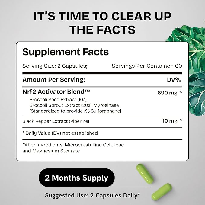 Sulforaphane Supplement Organic Broccoli Sprouts | Stabilized Sulforaphane from Broccoli Florets &amp Seeds | Organic Sulfur Supplements 120 Pills | 1 Pack