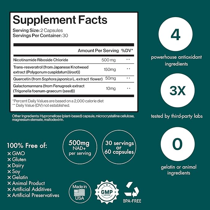 ENSANTE Advanced NAD+ Supplement 500mg with Resveratrol Quercetin Nicotinamide Riboside NAD Supplement for Women Men for Cellular Longevity Anti Aging Cognitive Support 60 Veggie Capsules USA