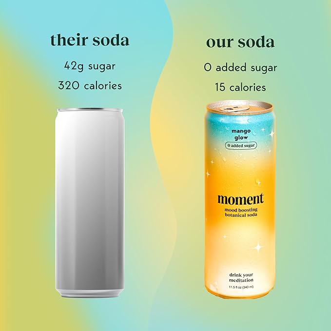 Moment Botanical Soda Soft Drink (Shark Tank) - SPARKLING Drinks | Mango Glow | L-Theanine &amp Ashwagandha for Calm &amp Clarity | 0 Added Sugar 0 Caffeine | 12-pack