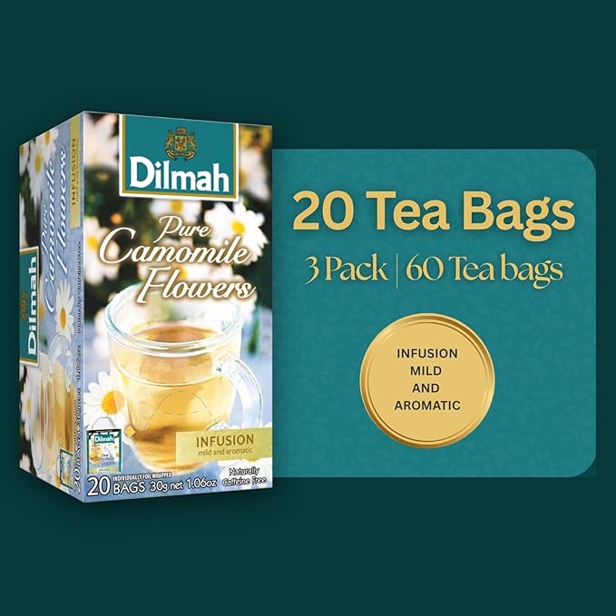 Dilmah Single Origin Camomile Ceylon Herbal Tea – 100% Pure Camomile Flowers Naturally Caffeine-Free Herbal Infusion – 20 Individually Foil-Wrapped Bags per Pack (3-Pack 60 tea bags Total)