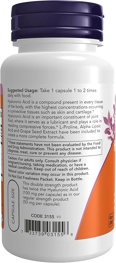 3 Bottles of Now Foods HYALURONIC Acid 100MG 2X Plus 60 CAPS