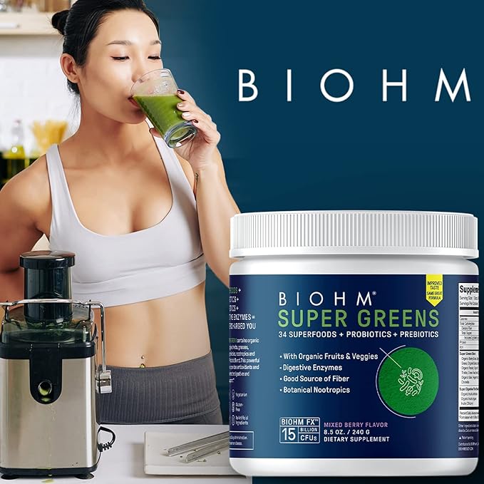 BIOHM Super Greens Green Superfood Powder (8.5 Oz 30 Servings) Antioxidant Veggie Powder &amp Smoothie Mix 34 Superfoods &amp Spirulina Digestive Enzymes Prebiotics and Probiotics Mixed Berry