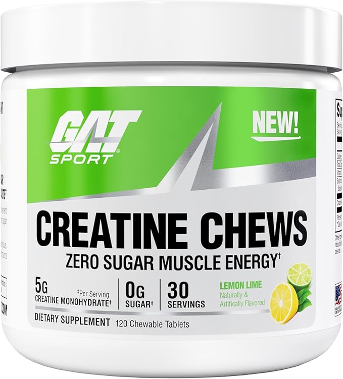 GAT SPORT Creatine Chews Zero Sugar 5g Pure Creatine Monohydrate 3rd Party Tested Brain Health Muscle Strength Anti-oxidant Support for Men &amp Women 30 Servings (Lemon Lime)
