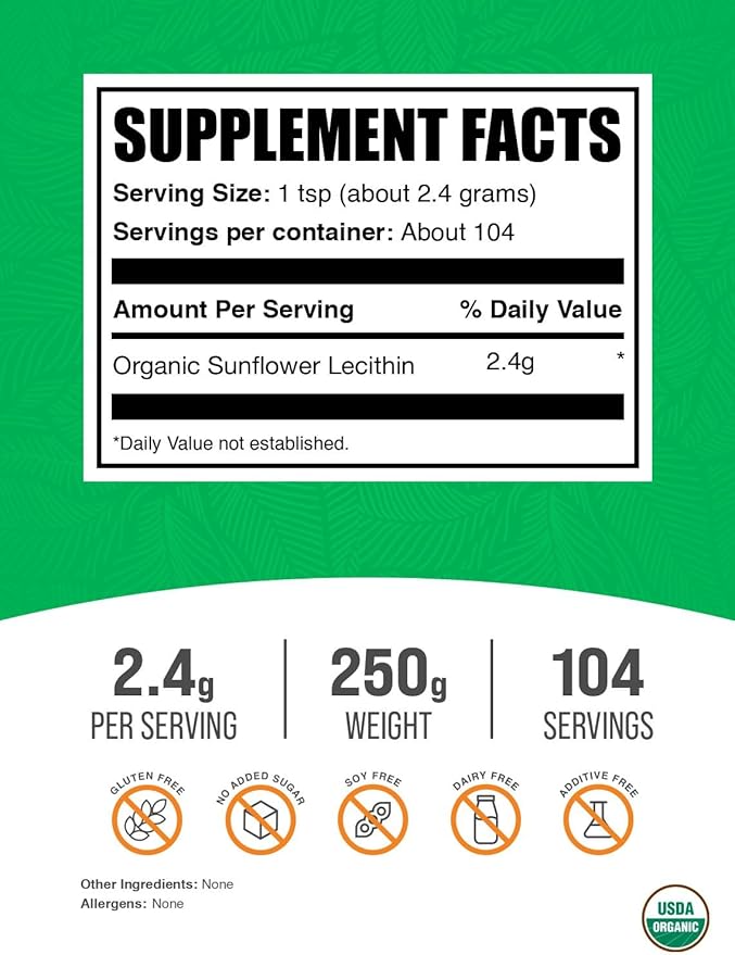 BulkSupplements.com Organic Sunflower Lecithin Powder - Sunflower Lecithin Supplement Nutritional Supplement Food Grade - Vegan &amp Gluten Free 2.4g per Serving 250g (8.8 oz) (Pack of 1)