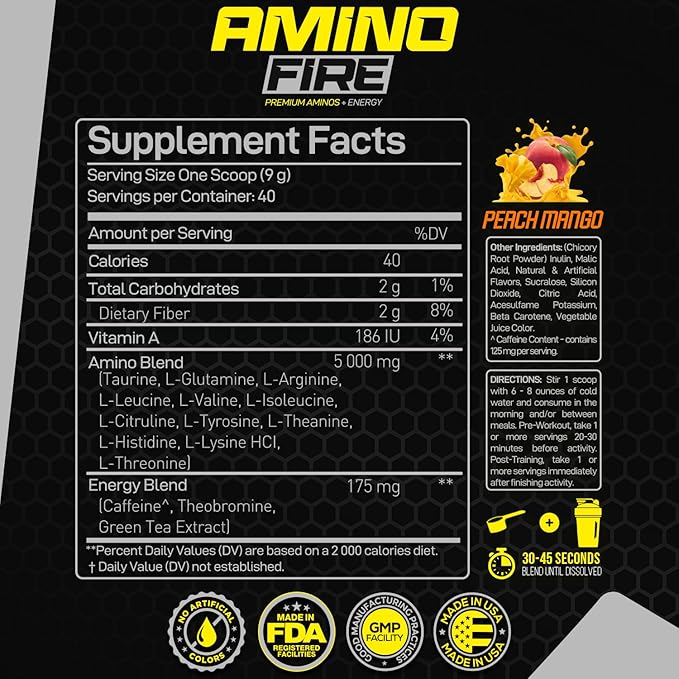 Forzagen Amino Fire | Essential Amino Energy Powder for Pre-Workout | BCAA Energy Boost &amp Muscle Recovery Drink Mix Enhance Focus &amp Concentration Dietary Supplement | Peach Mango 40 Serving