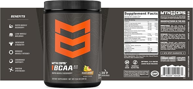 MTN OPS BCAA Powder 2:1:1 Amino Acids Supplement Powder for Rapid Muscle Recovery &amp Repair with Zero Sugar &amp Gluten Free - 30 Servings Peach Mango