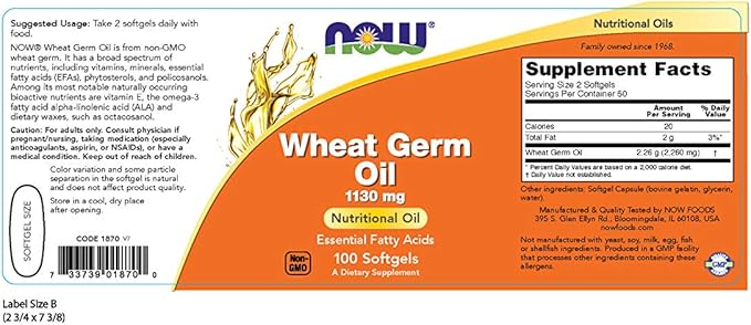 NOW Foods Wheat Germ Oil 20 Minims-1130 mg 100 Softgels (Multi-Pack)