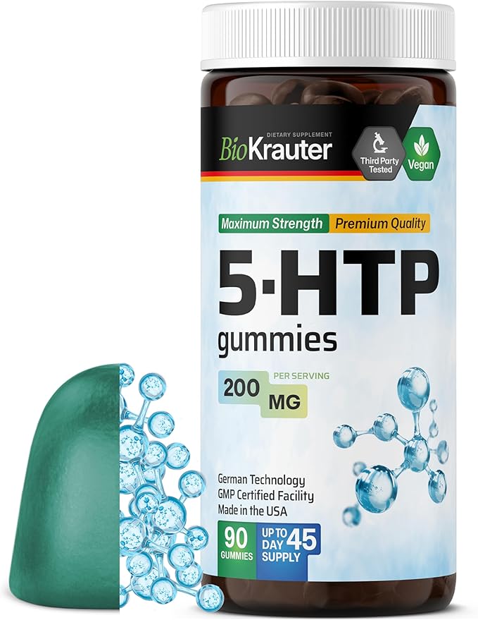 BIO KRAUTER® 5HTP with Tryptophan &amp Calcium for Mood &amp Relaxation Support - Vegan 5 HTP Supplement 200 mg Strength for Emotional Wellness Support- 90 Gummies 45-Day Supply Non-GMO