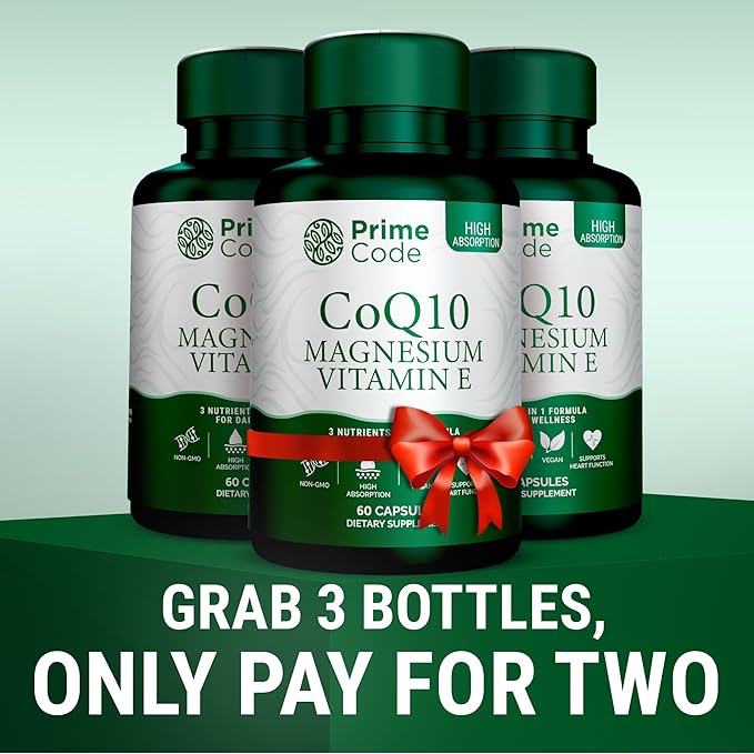 Prime Code [ 3 𝐢𝐧 𝟏] CoQ10 250mg with Magnesium Glycinate and Vitamin E | CoQ10 Capsules 250mg | Magnesium Glycinate 200mg | Vitamin E 15mg | Non-GMO | Gluten &amp Soy Free | Vegan