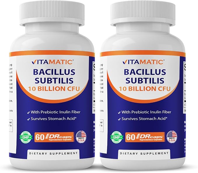 Vitamatic Bacillus Subtilis 10 Billion per DR Capsule - 60 Count - Digestive Gut &amp Immune Health Support - Made with Prebiotic Inulin Fiber-2 Pack