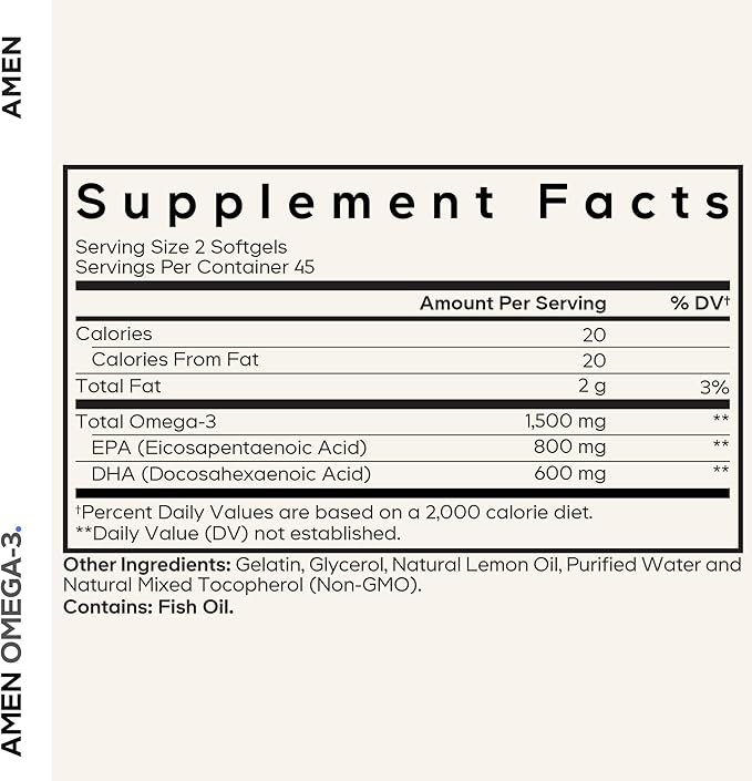 Amen Omega-3 Supplement - 1500mg High-Potency Daily Omega 3 - EPA and DHA Fatty Acids Fish Oil - 45-Day Supply - Fatty Acid Supplements - Fish Oil Pills - Non-GMO - 90 Soft Gels Capsules