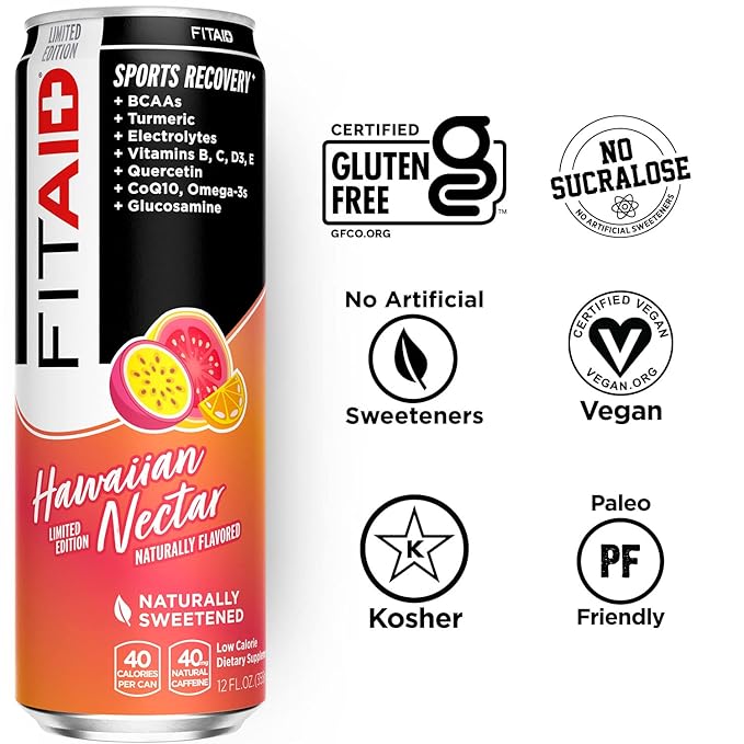 FITAID Post Workout Recovery Drink Hawaiian Nectar Passion Fruit Orange &amp Guava BCAA Glucosamine Electrolytes 40 Calories 12 Fl Oz (Pack of 12) - Packaging May Vary