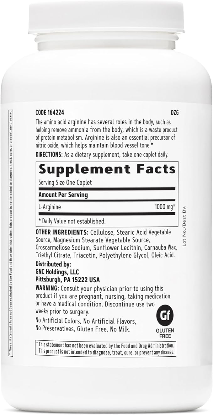 GNC L Arginine 1000mg Supplement Supports Healthy Blood Vessel Tone 180 Servings