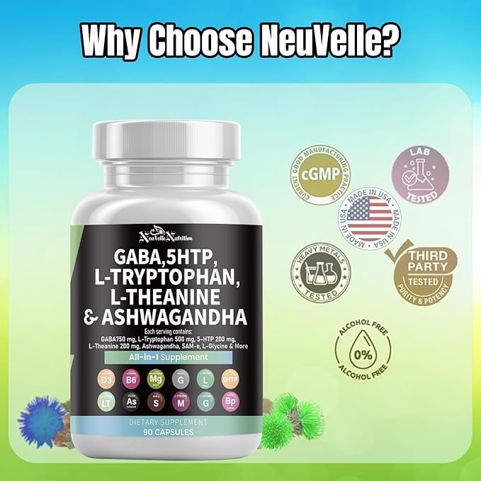 GABA Pills with 5-HTP Extract L-Tryptophan L-Theanine Ashwagandha Vitamins D3 B6 Magnesium L-Tyrosine L-Glycine Sam-e &amp Black Pepper Mood Support Supplement