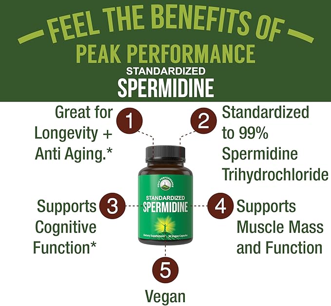 Spermidine Supplement Ultra High Strength Standardized to 99% Spermidine Trihydrochloride. More Potent Than Wheat Germ Extract. Vegan Capsules for Healthy Aging Longevity. USA Tested Supplements